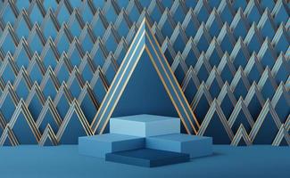 4 podio cubo blu vuoto con bordo dorato su sfondo a triangolo dorato art deco. oggetto di forma geometrica 3d studio minimale astratto. spazio mockup per la visualizzazione del design del prodotto. rendering 3D. foto