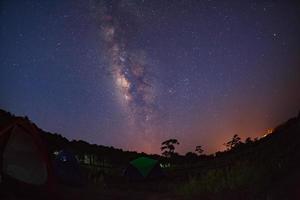 silhouette di albero con tenda e via lattea al parco nazionale di phu hin rong kla, phitsanulok thailandia. fotografia a lunga esposizione. foto