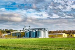 agro-impianto di lavorazione e lavorazione per la lavorazione e silos d'argento per essiccazione, pulitura e stoccaggio di prodotti agricoli, farine, cereali e granaglie. ascensore del granaio foto