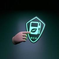 mano che tiene l'icona del carburante eco al neon. concetto di ecologia. illustrazione di rendering 3d. foto