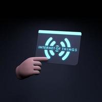 mano che tiene il logo iot al neon. concetto di internet delle cose. illustrazione di rendering 3d. foto