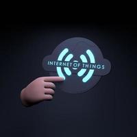 mano che tiene il logo iot al neon. concetto di internet delle cose. illustrazione di rendering 3d. foto