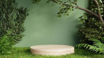 presentazione del podio in legno mock up per la presentazione del prodotto sulla parete verde. foto