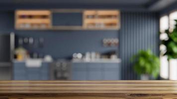 piano d'appoggio in legno su sfondo sfocato cucina camera, interno cucina moderna.