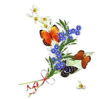 ramo di fiori e farfalle isolato su uno sfondo bianco foto