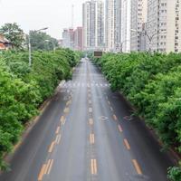 strada con segnaletica. la pista sullo sfondo della città e degli alberi. foto