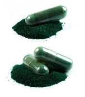 capsula verde della medicina di erbe isolata su fondo bianco foto