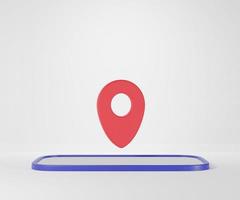 pin pointer gps con schermo bianco per smartphone su sfondo bianco. concetto di viaggio in posizione. cartone animato minimo. illustrazione di rendering 3d foto