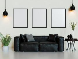 Illustrazione 3d della cornice della pittura in camera con divano nero e pianta da interno per mockup foto