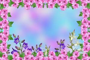 paesaggio estivo. cornice di bellissimi fiori colorati di petunia. foto