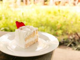 un pezzo di torta di cocco su piatto bianco con sfondo verde giardino. foto