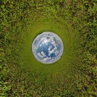sfera blu piccolo pianeta all'interno di erba verde cornice rotonda sullo sfondo. foto