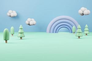cartone animato sfondo carino 3d rendering illustrazione, albero carino arcobaleno e nuvola color pastello foto