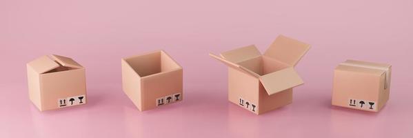 set di scatole di cartone illustrazione 3d consegna imballaggio e trasporto spedizione logistica stoccaggio su sfondo rosa foto