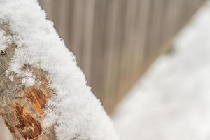 pilastro di legno con neve sullo sfondo del recinto foto