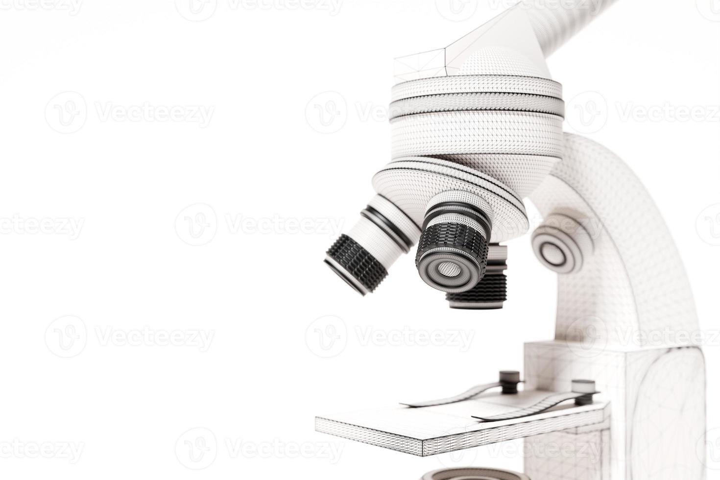 microscópio 3d realista sobre fundo branco, equipamento de laboratório. microscópio para pesquisa laboratorial foto