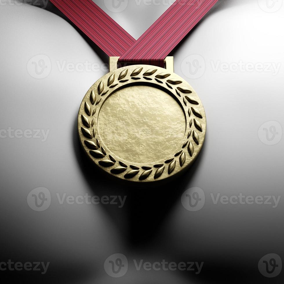 medalha de ouro, prêmio vencedor pendurado com fita vermelha no peito do atleta. troféu de ouro no esporte para o primeiro lugar campeão 3d render foto