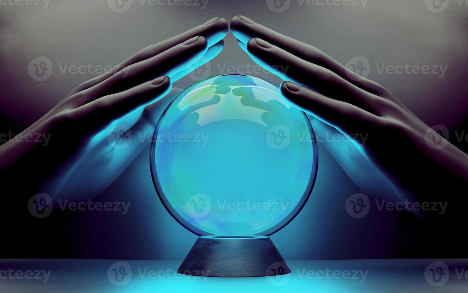um par de mãos masculinas em torno de uma bola de cristal. renderização 3D foto