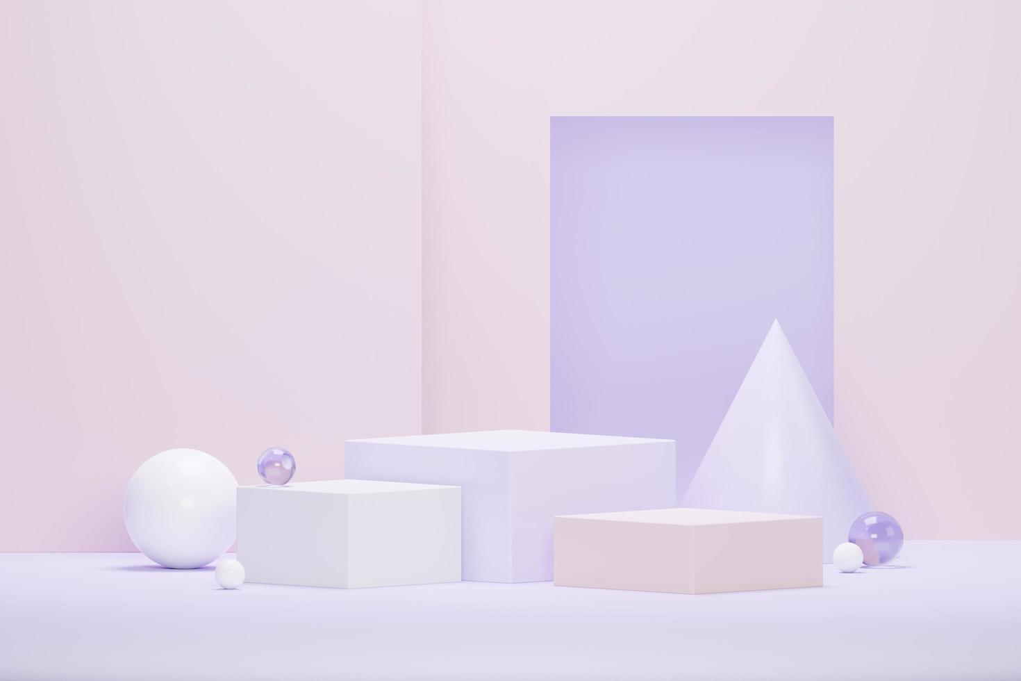 3D render fundo mínimo verde pastel com suporte de pódio. plataforma de palco roxo para apresentação e publicidade de produtos cosméticos. cena de estúdio com pedestal de vitrine em design limpo. foto