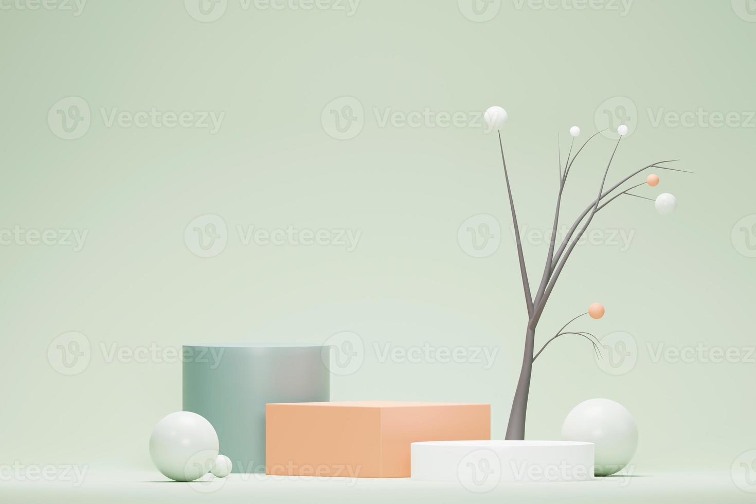 3D render fundo mínimo verde pastel com suporte de pódio. plataforma de palco verde para apresentação e publicidade de produtos cosméticos. cena de estúdio com pedestal de vitrine em design limpo. foto