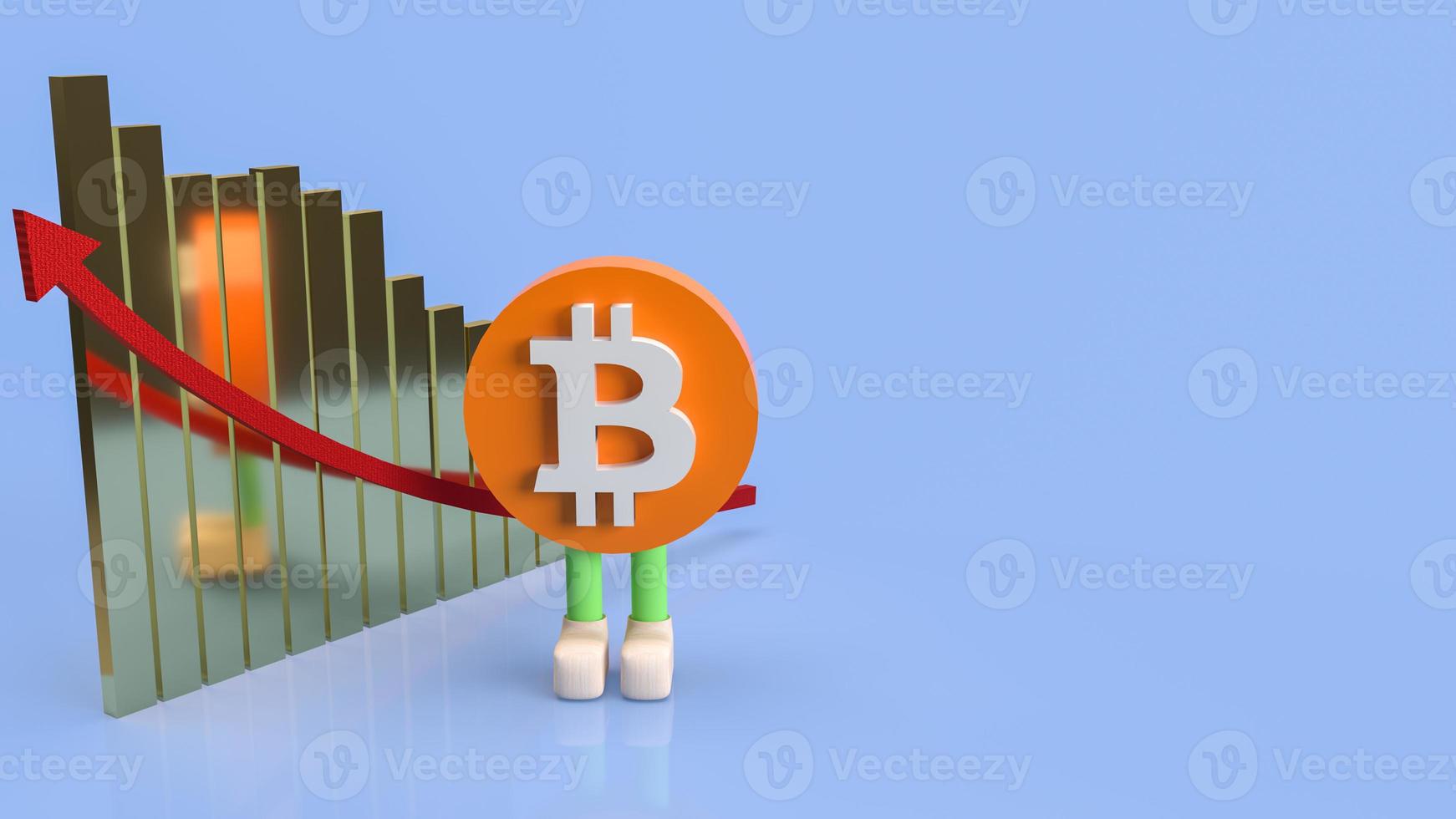 o personagem do símbolo bitcoin e a seta do gráfico para cima para renderização em 3d de conceito de negócios ou tecnologia foto