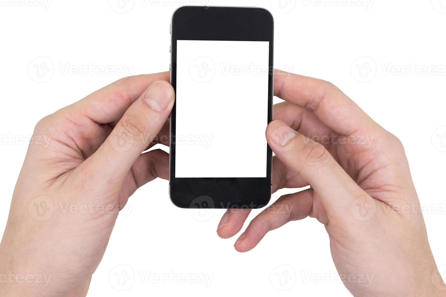 mãos masculinas segurando um telefone celular com tela branca em branco de toque sobre fundo branco. foto