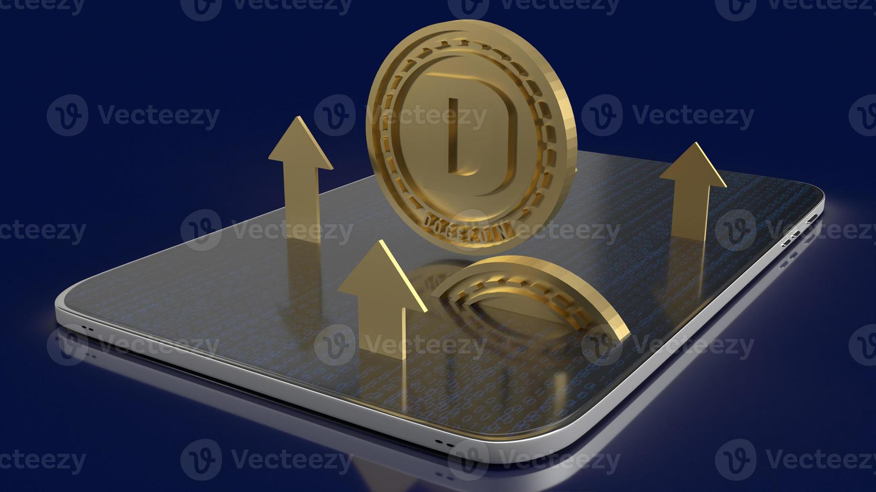 o dogecoin de ouro no tablet para renderização 3d de conteúdo de criptomoeda foto