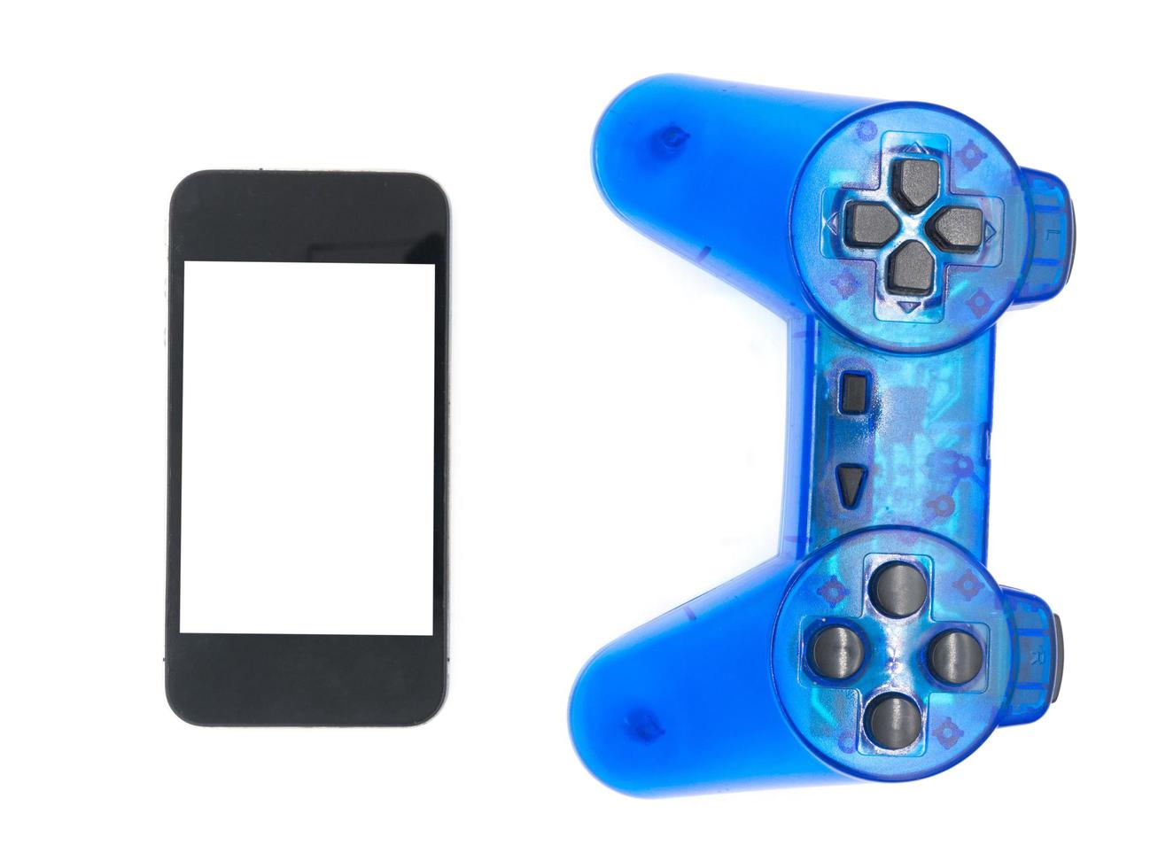 telefone inteligente com controlador de videogame em fundo branco foto