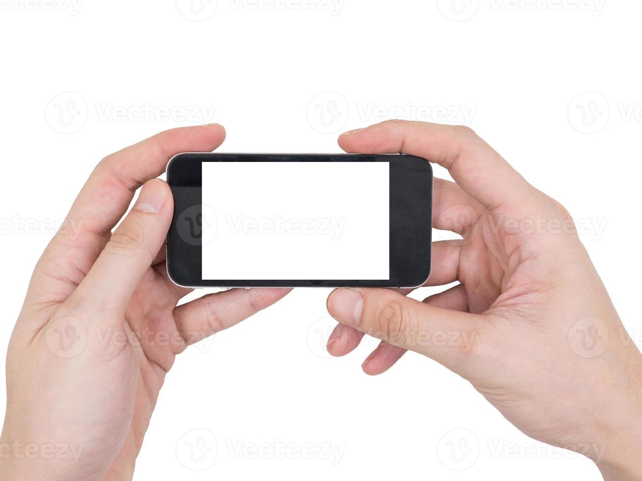 mãos masculinas segurando um telefone celular com tela branca em branco de toque sobre fundo branco. foto