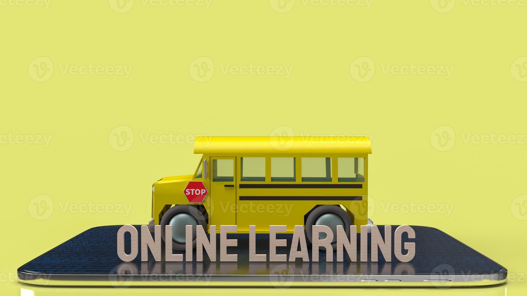 o ônibus escolar e o tablet para aprendizado on-line ou renderização em 3d do conceito de aprendizado. foto