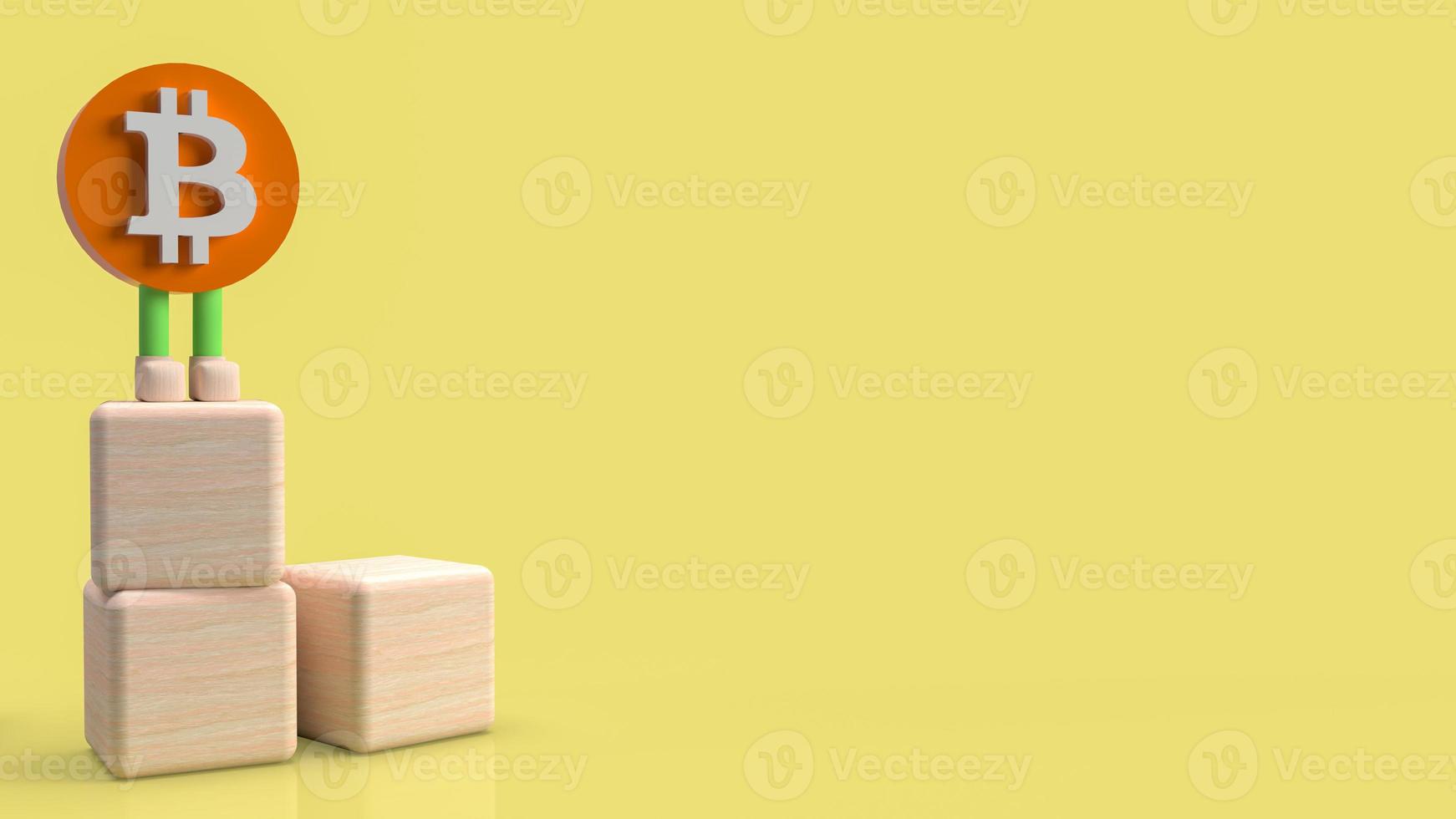 o personagem de símbolo bitcoin em fundo amarelo para renderização 3d de conceito de negócios ou tecnologia foto