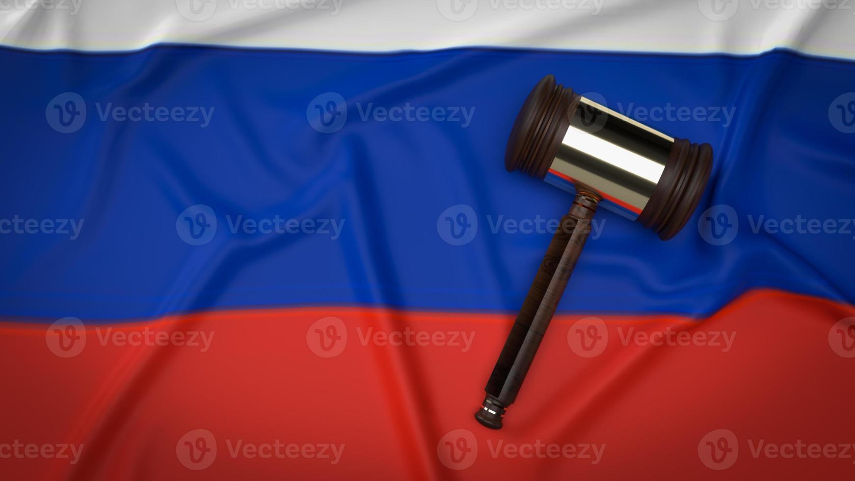 a bandeira da rússia e madeira de martelo para renderização em 3d de conceito de negócios foto