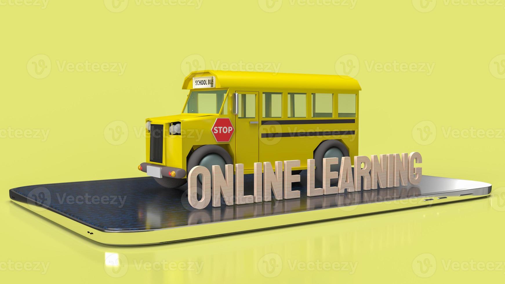 o ônibus escolar e o tablet para aprendizado on-line ou renderização em 3d do conceito de aprendizado. foto