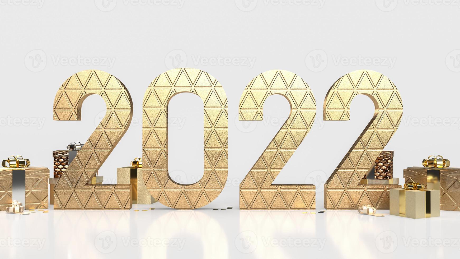 o número de ouro 2022 e caixa de presente em fundo branco para ano novo ou conceito de negócios renderização em 3d foto