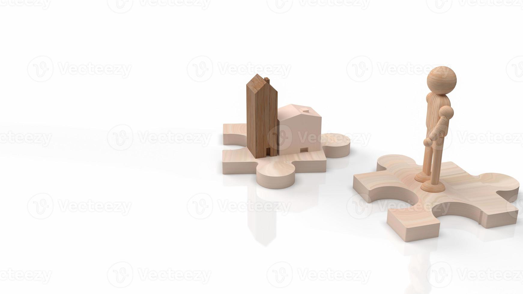 a figura de madeira do homem e a madeira em casa no quebra-cabeça para renderização em 3d de conteúdo de carro ou transporte foto