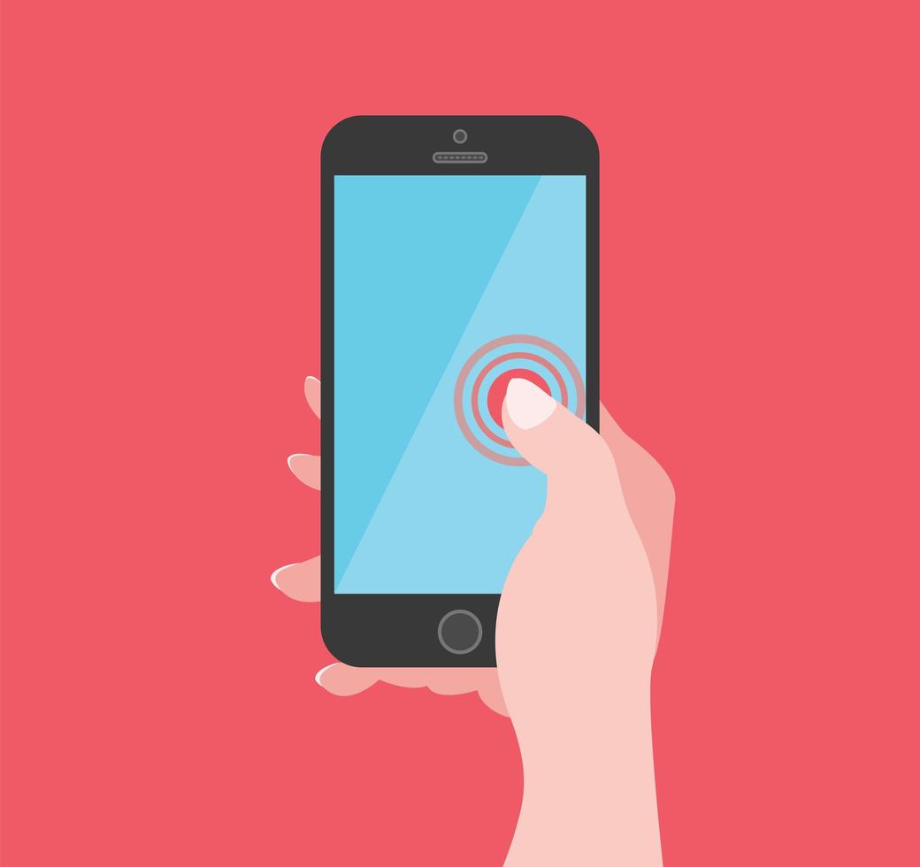 ilustração de telefone celular design plano modelo de mão de smartphone tecnologia gadget display azul modelo minimalista foto
