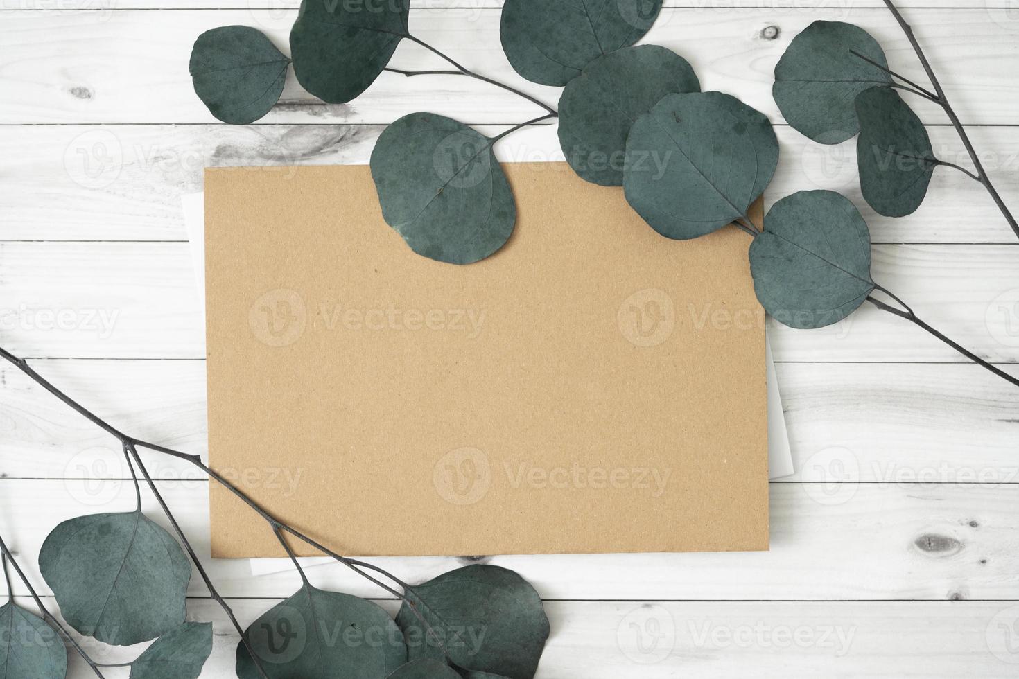 maquete para uma carta ou um convite de casamento com folhas de ramos de eucalipto. foto