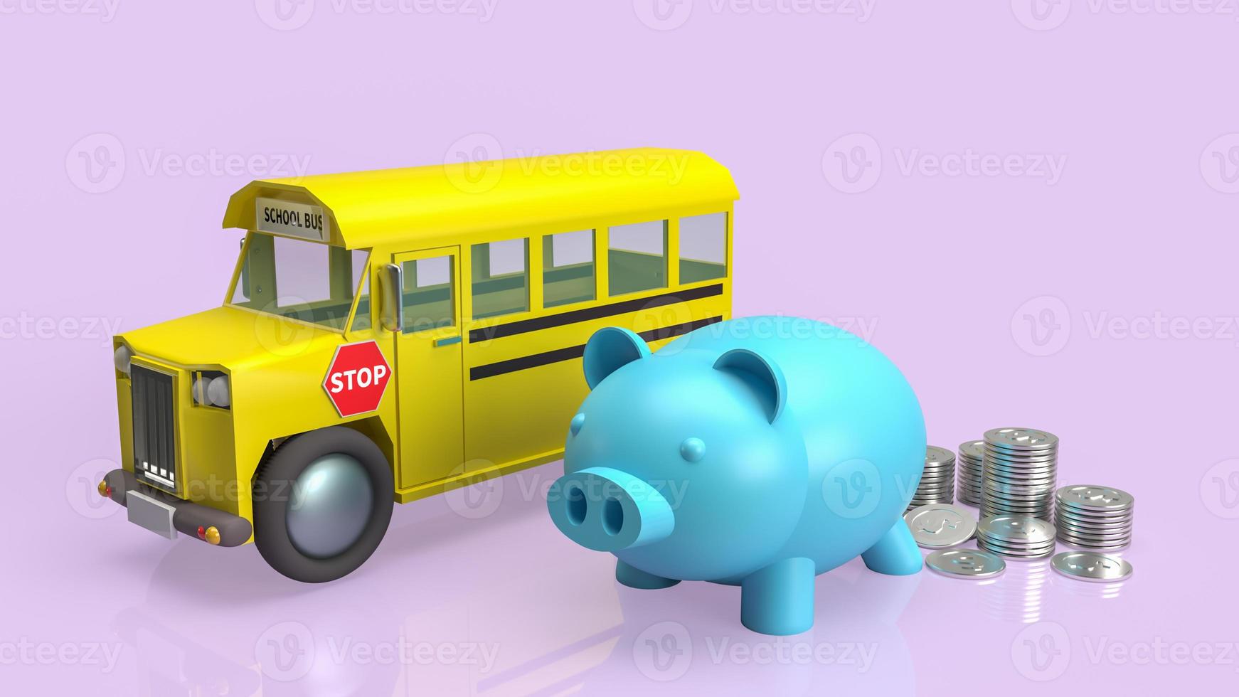 o cofrinho e ônibus escolar em fundo rosa para educação ou conceito de economia de renderização em 3d foto