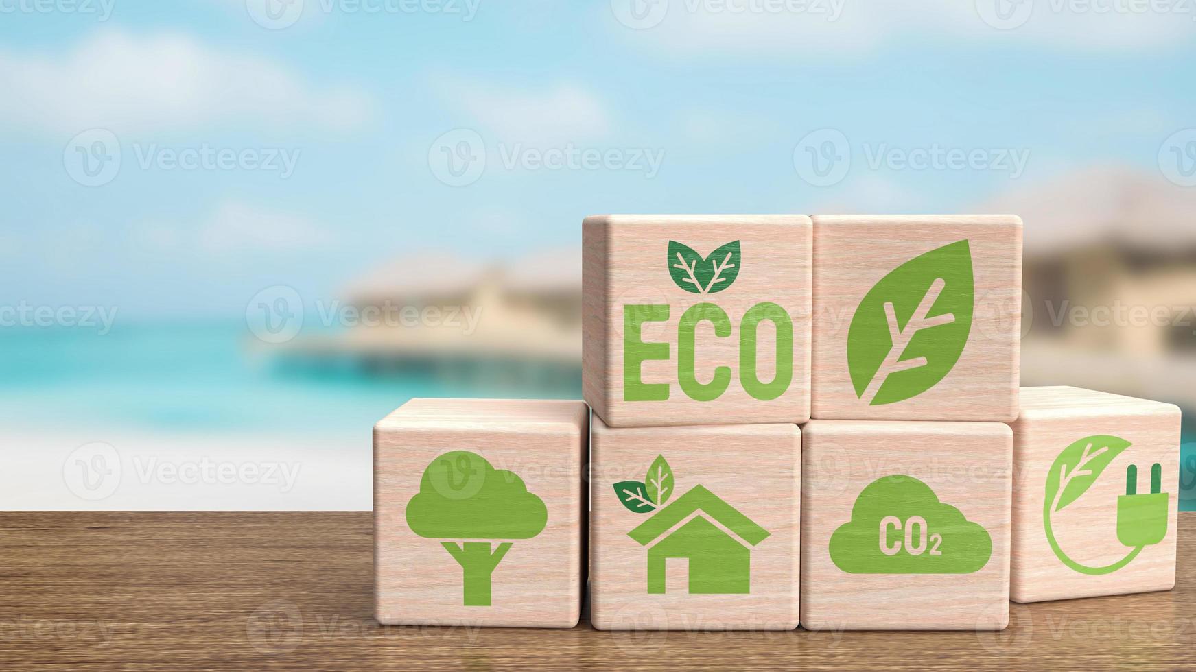 o ícone de ecologia no cubo de madeira para renderização 3d eco ou conceito natural foto