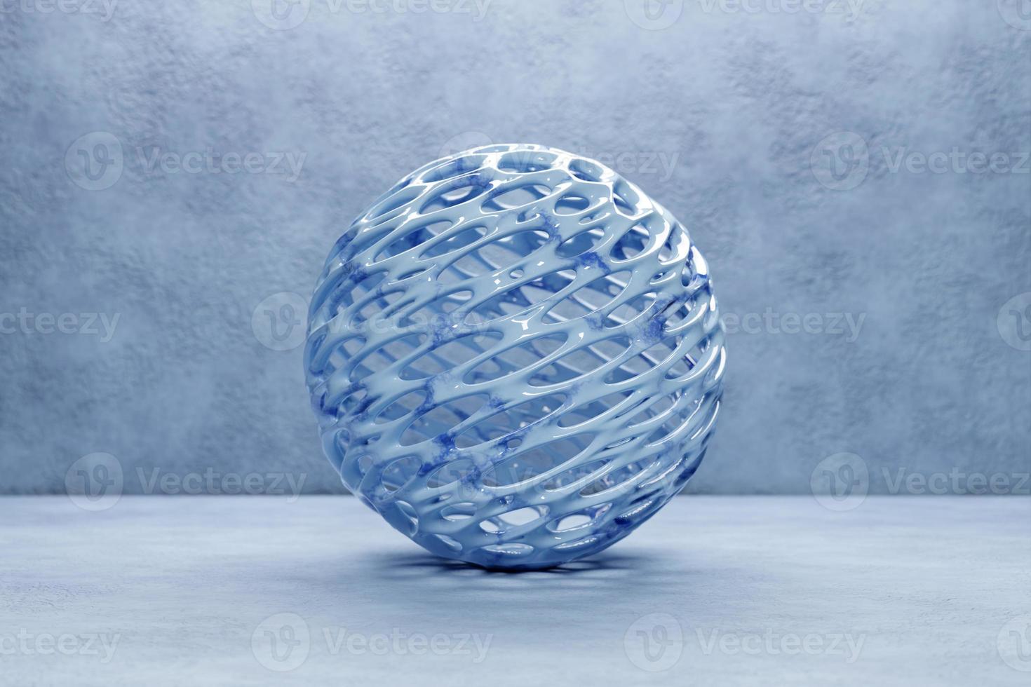 Ilustração 3D de uma bola de plástico xblue com muitos buracos em um fundo azul. esfera cibernética foto