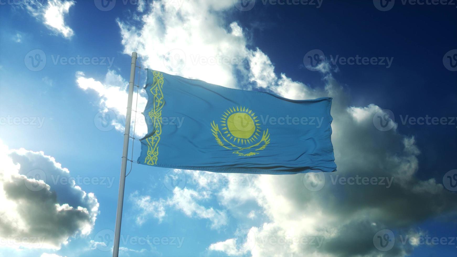 bandeira do cazaquistão balançando ao vento contra o lindo céu azul. ilustração 3D foto