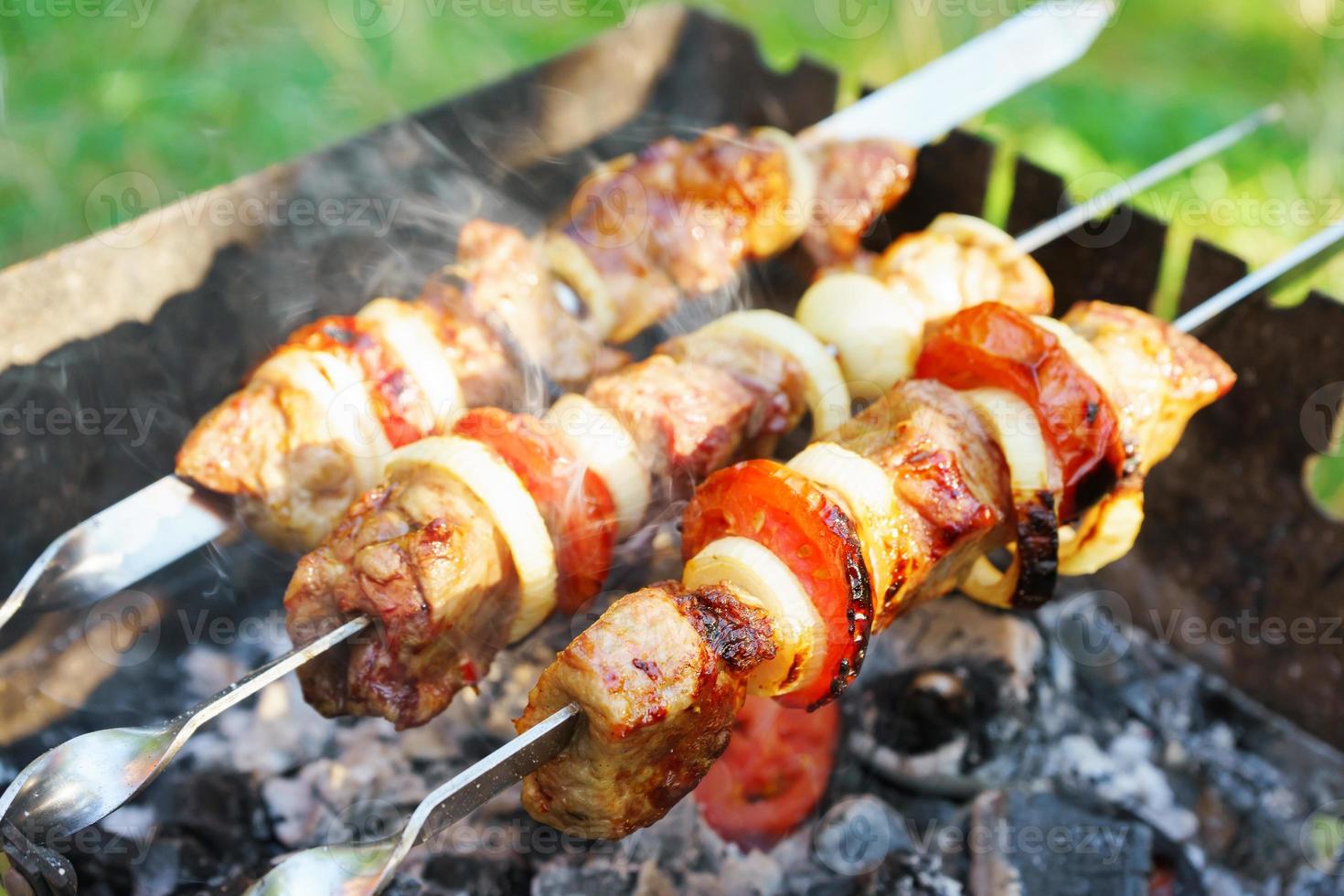 kebab, pedaços de carne em espetos de metal, cozidos no fogo da grelha foto