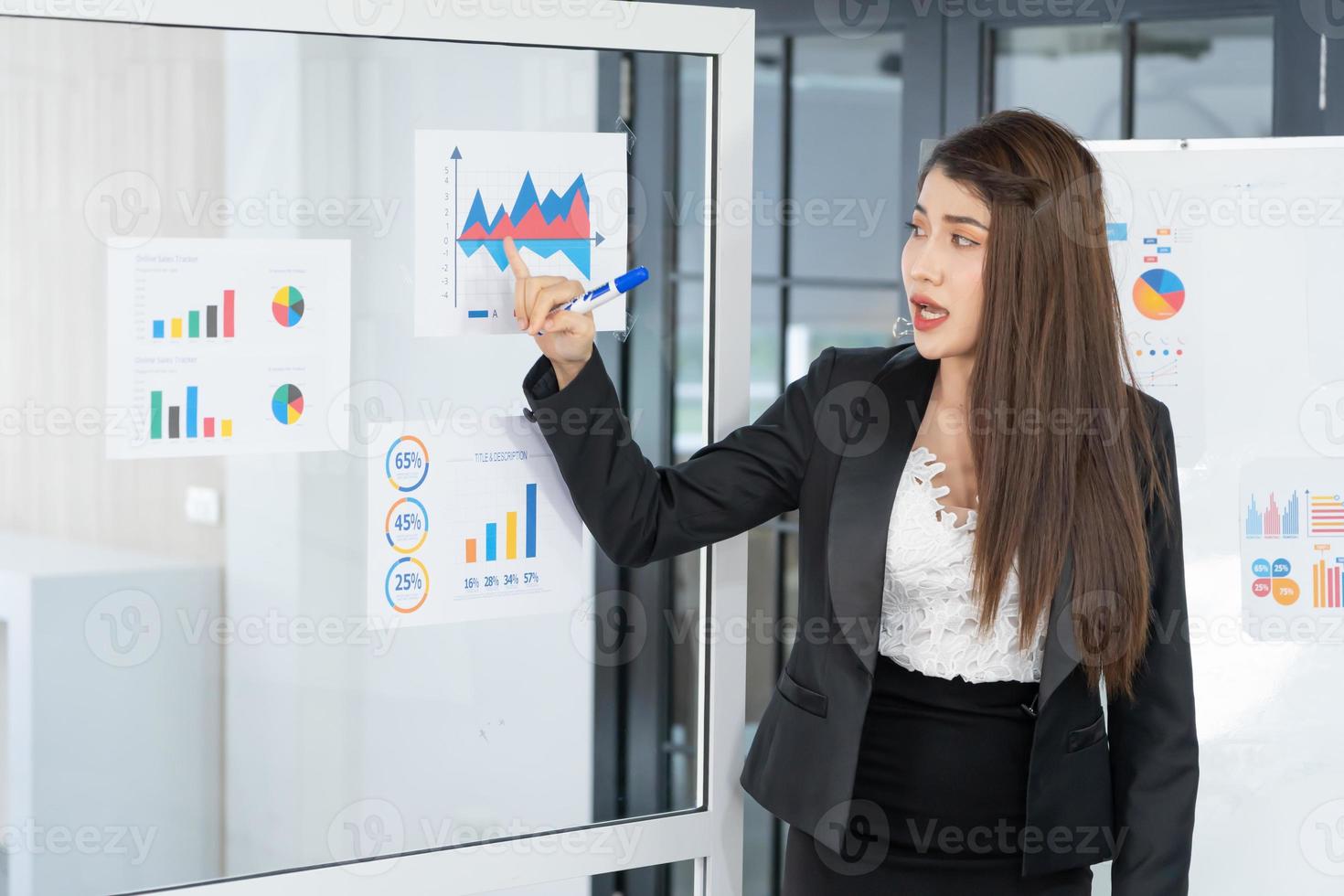 linda empresária dá relatório, apresentação para seus colegas de trabalho na sala de conferências, ela mostra gráficos. profissional de negócios feminino de sucesso. foto