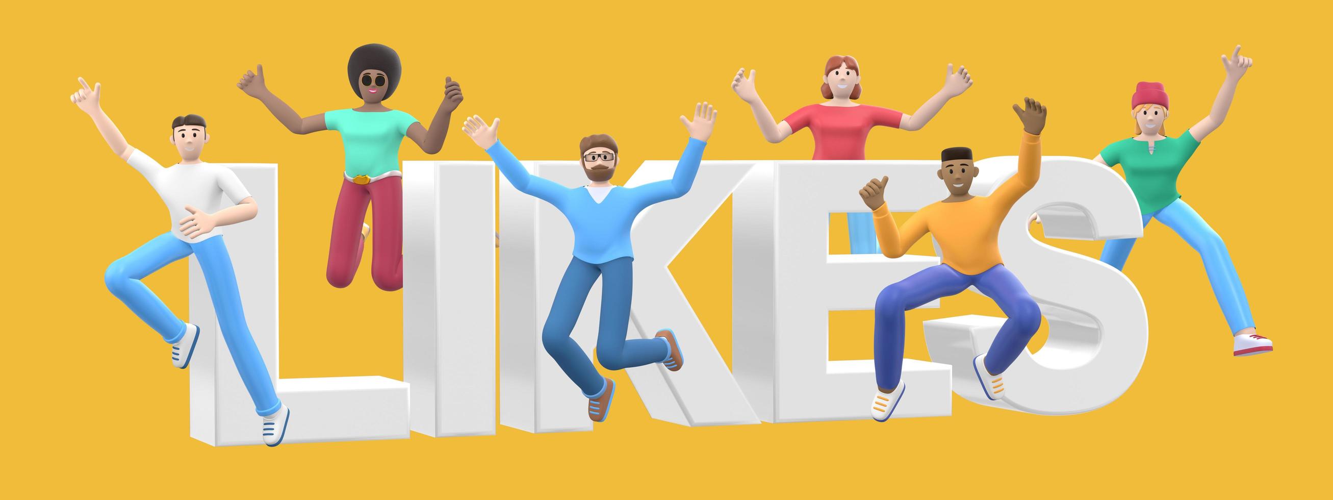 a palavra gosta em um fundo amarelo. grupo de jovens multiculturais felizes saltam e dançam juntos. personagem de desenho animado de banner horizontal e slogan do site. renderização 3D. foto