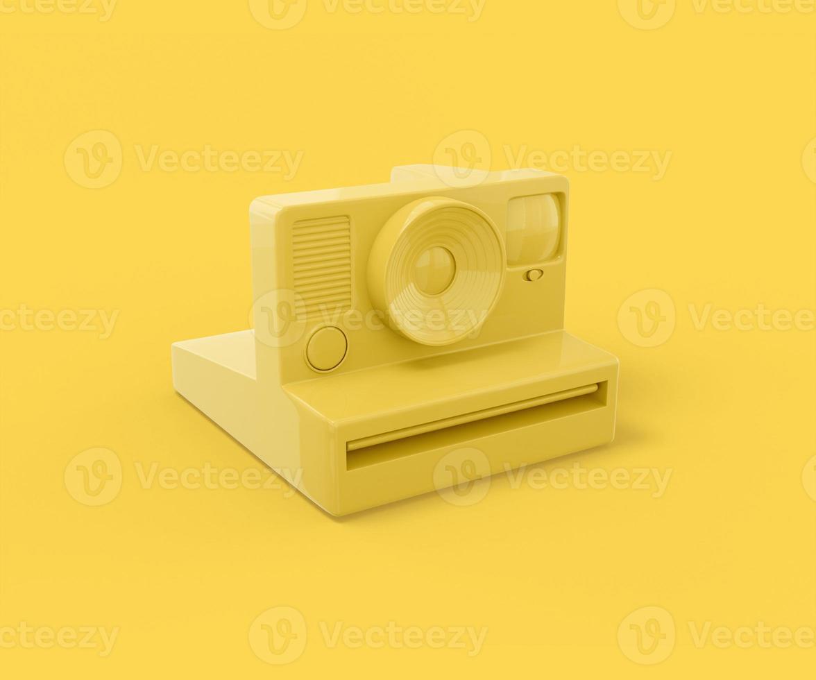 câmera vintage amarela para fotos instantâneas em um fundo amarelo. objeto de design minimalista. Elemento de interface ux do ícone de renderização 3D.