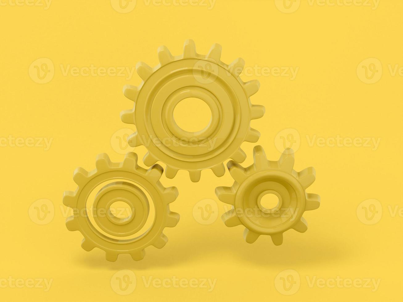 engrenagens de cor única amarela em um fundo monocromático amarelo. objeto de design minimalista. Elemento de interface ux do ícone de renderização 3D. foto