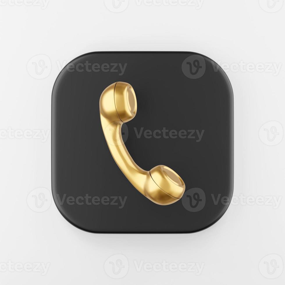 ícone de monofone de telefone vintage dourado. Botão chave quadrado preto de renderização 3D, elemento interface ui ux. foto