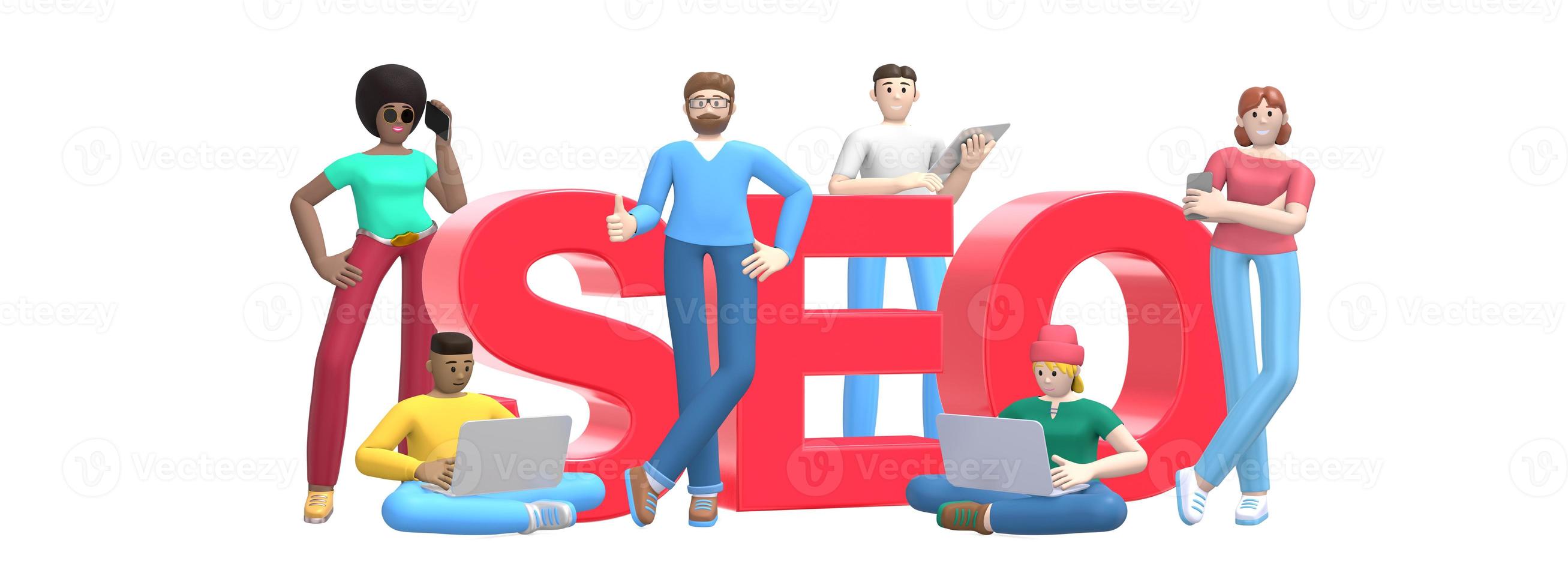 palavra seo em fundo branco. grupo de jovens bem sucedidos multiculturais com laptop, tablet, telefone. personagem de desenho animado de banner horizontal e slogan do site. renderização 3D. foto