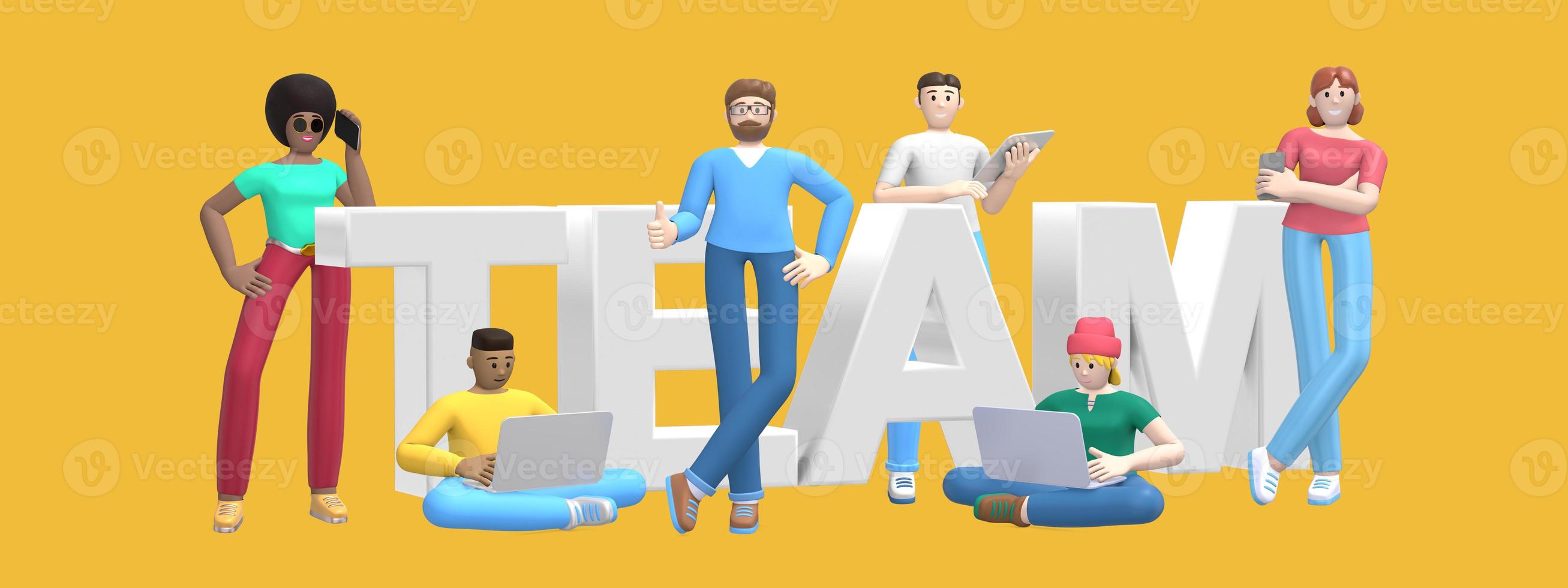 grupo de jovens bem sucedidos multiétnicas com equipe de laptop, tablet, telefone e palavra em fundo amarelo. personagem de desenho animado de banner horizontal e slogan do site de texto. renderização 3D. foto