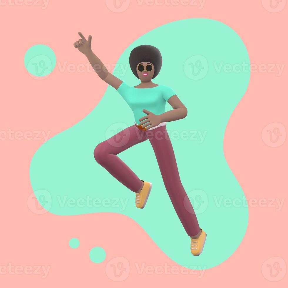 caráter positivo em roupas coloridas em um fundo abstrato mancha. uma jovem africana alegre corre, dança, pula, levita e voa. pessoas engraçadas dos desenhos animados. renderização 3D. foto